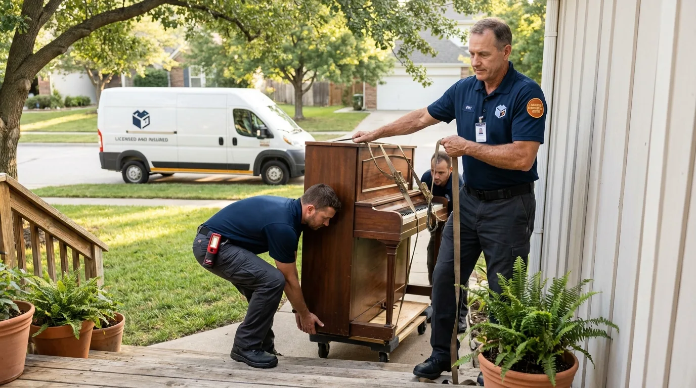 Licensed piano movers securing grand piano in Saddle Brook, NJ