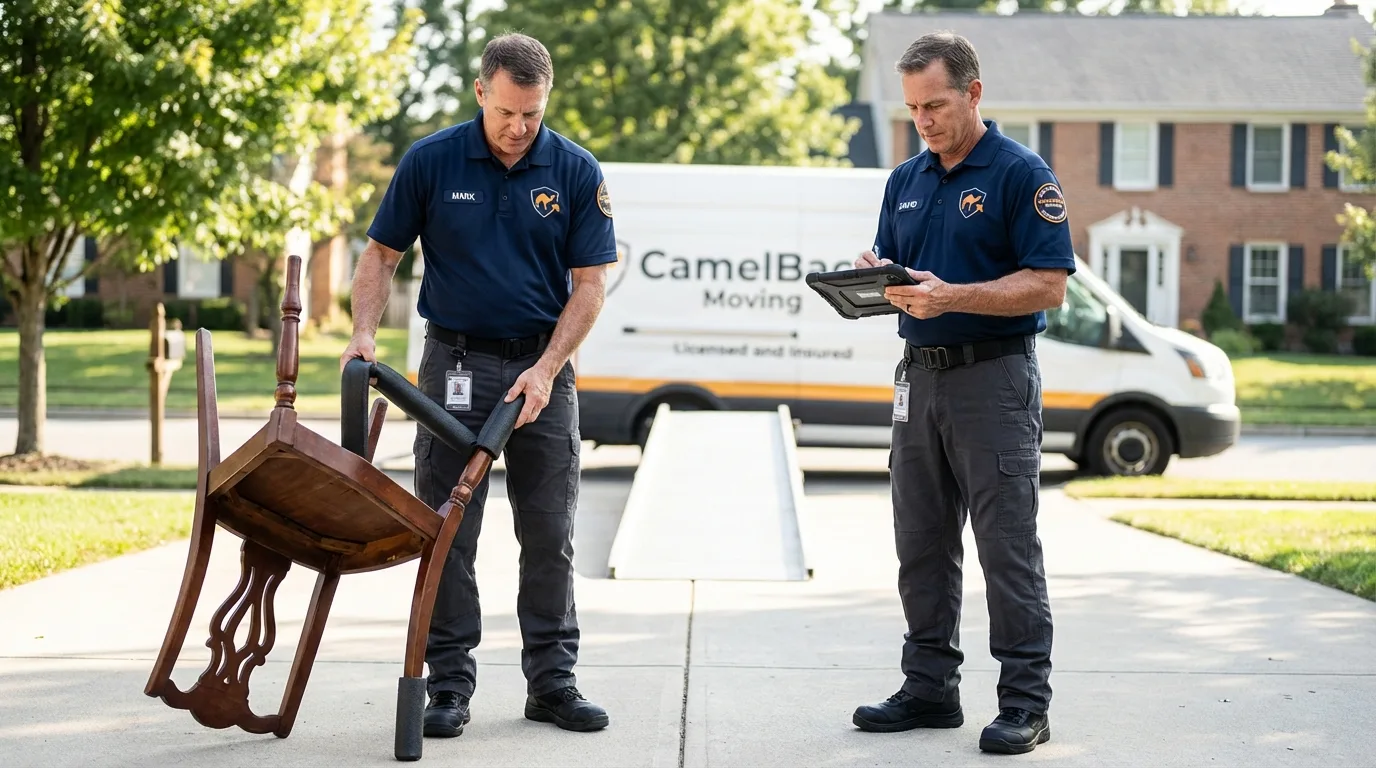 Movers inspecting furniture for damage prevention before loading in Saddle Brook, NJ