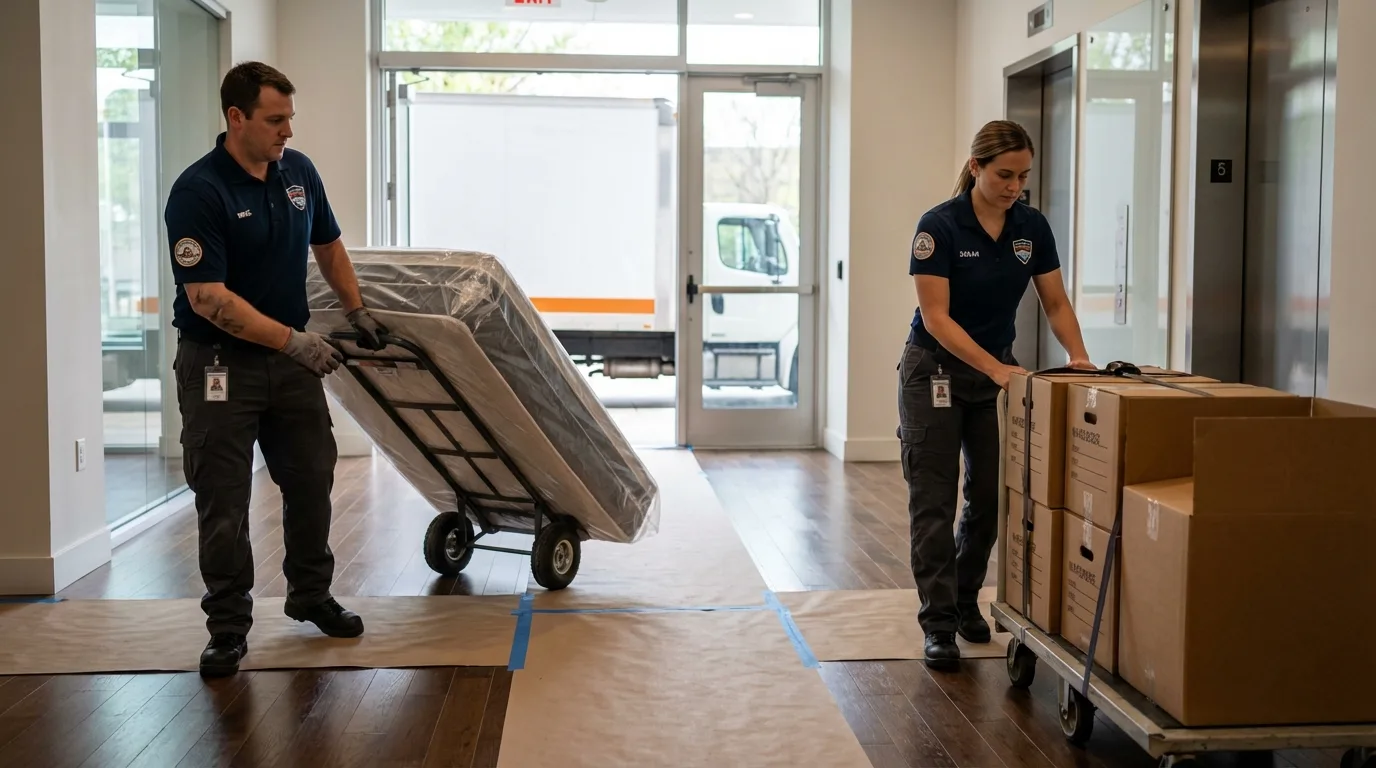 Professional apartment movers loading elevator in Saddle Brook, NJ