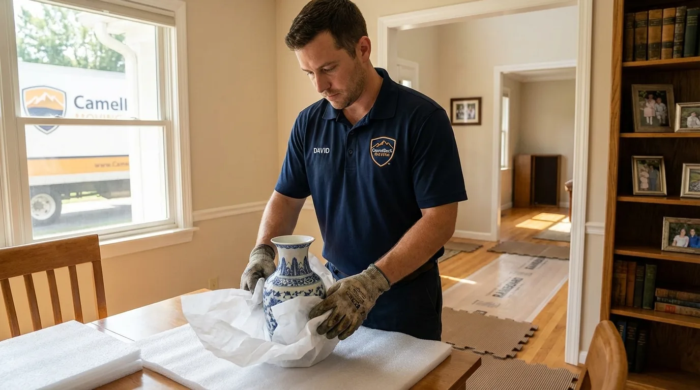 Professional crew carefully wrapping antique vase for senior downsizing move in Saddle Brook, NJ